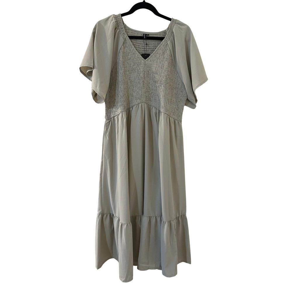 Zattcas Cottage Smocked V-Neck‎ Flutter Sleeve Tiered Midi Dress XXL Sage Green